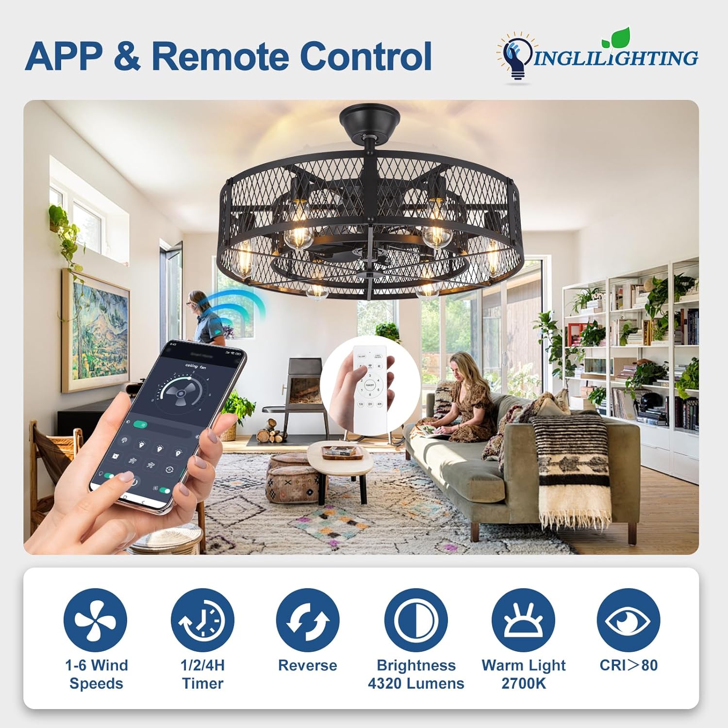 Living room with a black ceiling fan and a hand holding a smartphone with app controls, featuring INGLILIGHTING brand.