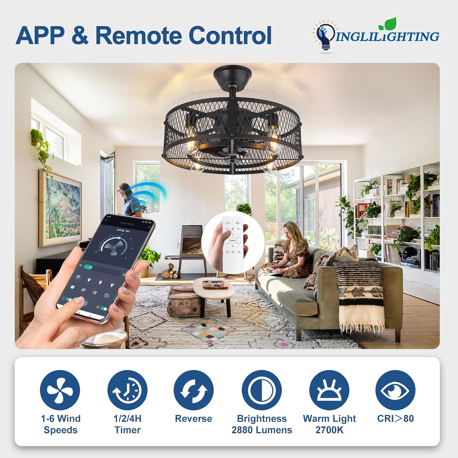 Living room with a ceiling fan and a hand holding a smartphone with an app interface, featuring INGLILIGHTING branding.