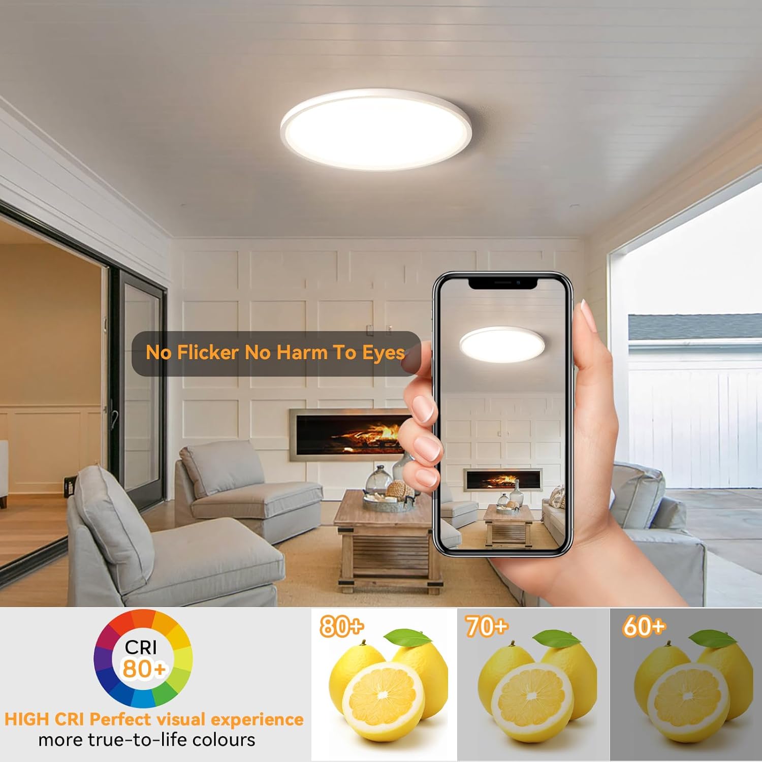 Living room with a ceiling light and a hand holding a phone showing the light's color temperature.
