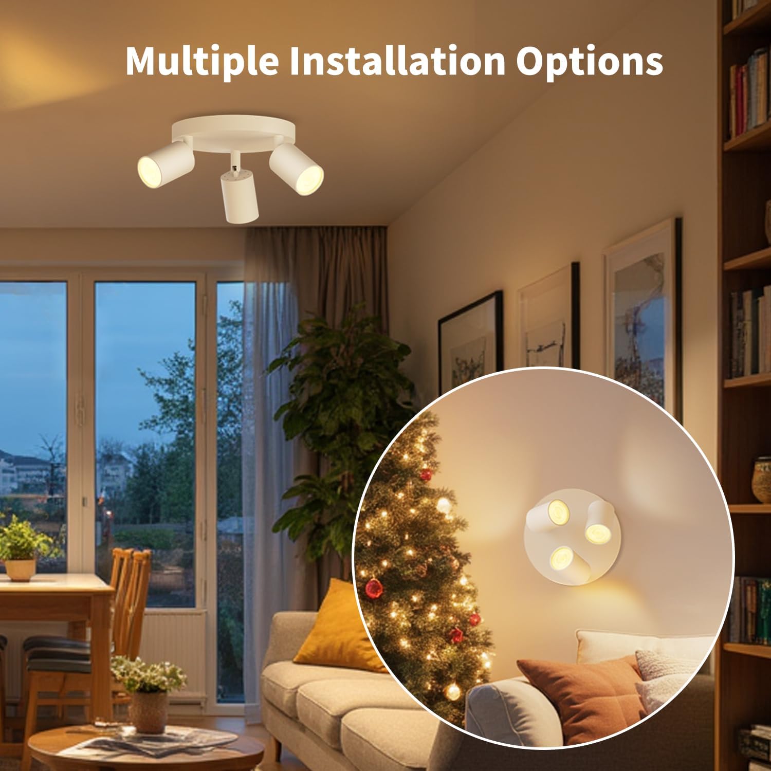 Living room with a ceiling light fixture and a Christmas tree, highlighting multiple installation options.