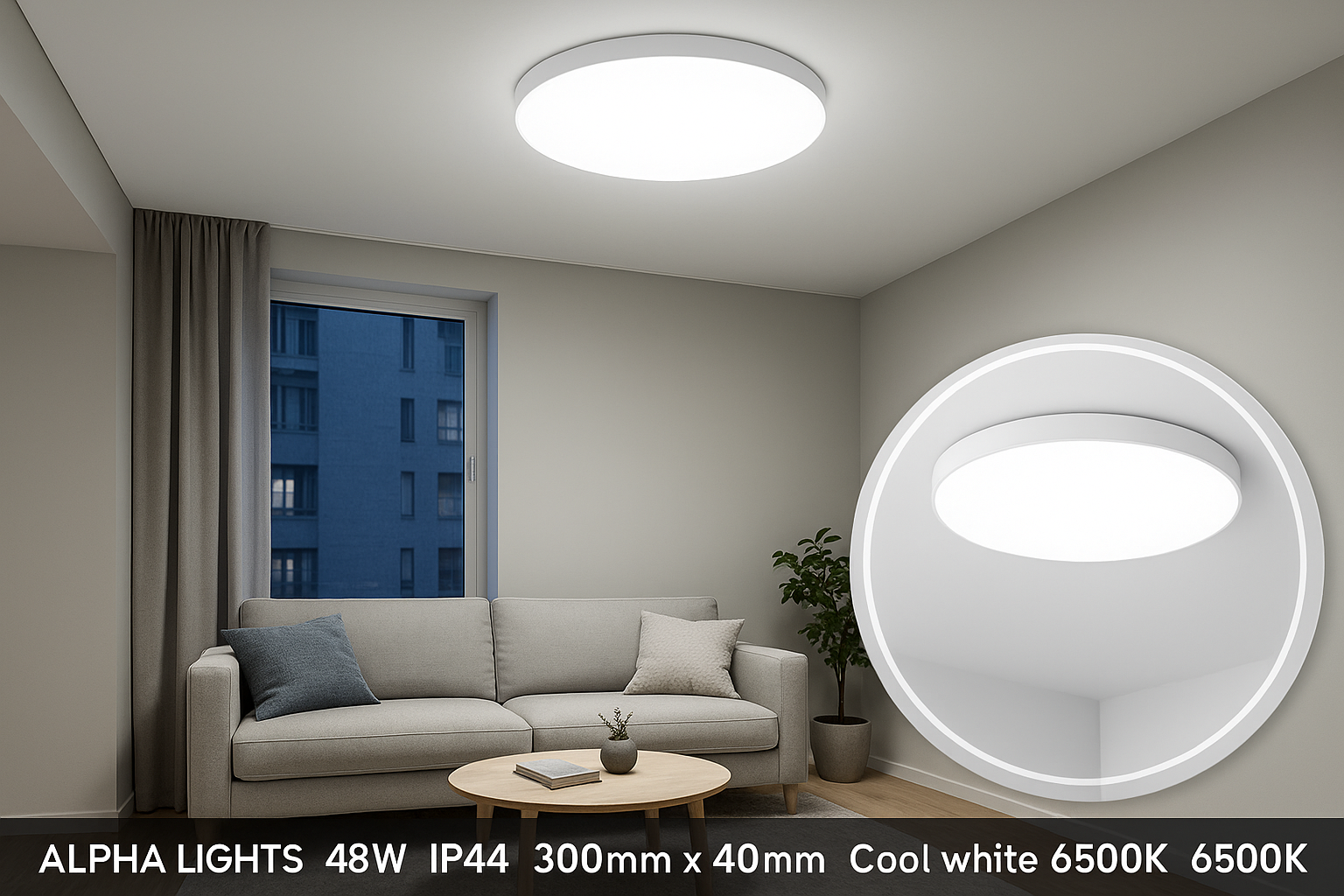Living room with a ceiling light fixture and a close-up of the light bulb.