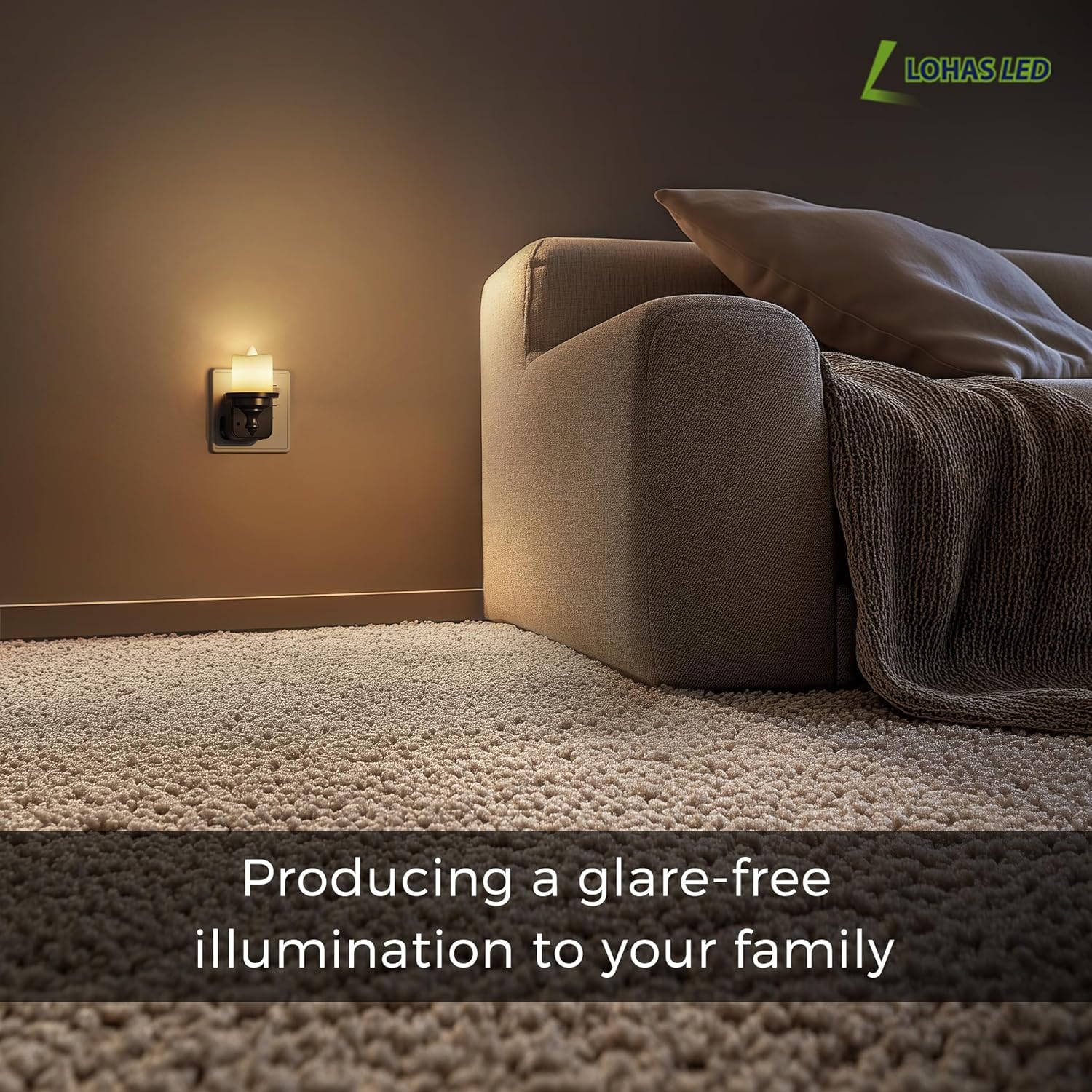 Living room with a couch and wall light, featuring Lohas LED branding.