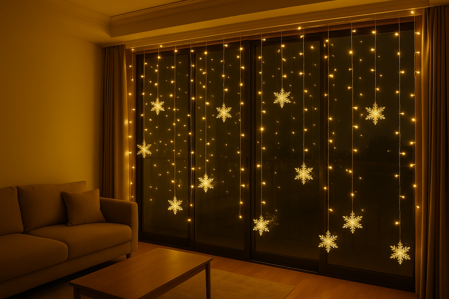 Living room with a curtain decorated with string lights and snowflake decorations.