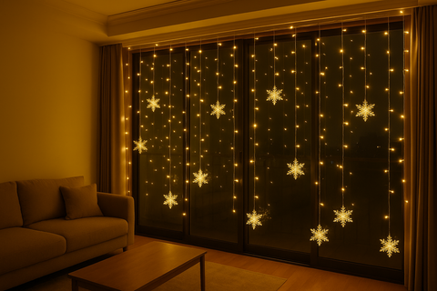 Living room with a curtain decorated with string lights and snowflake decorations.
