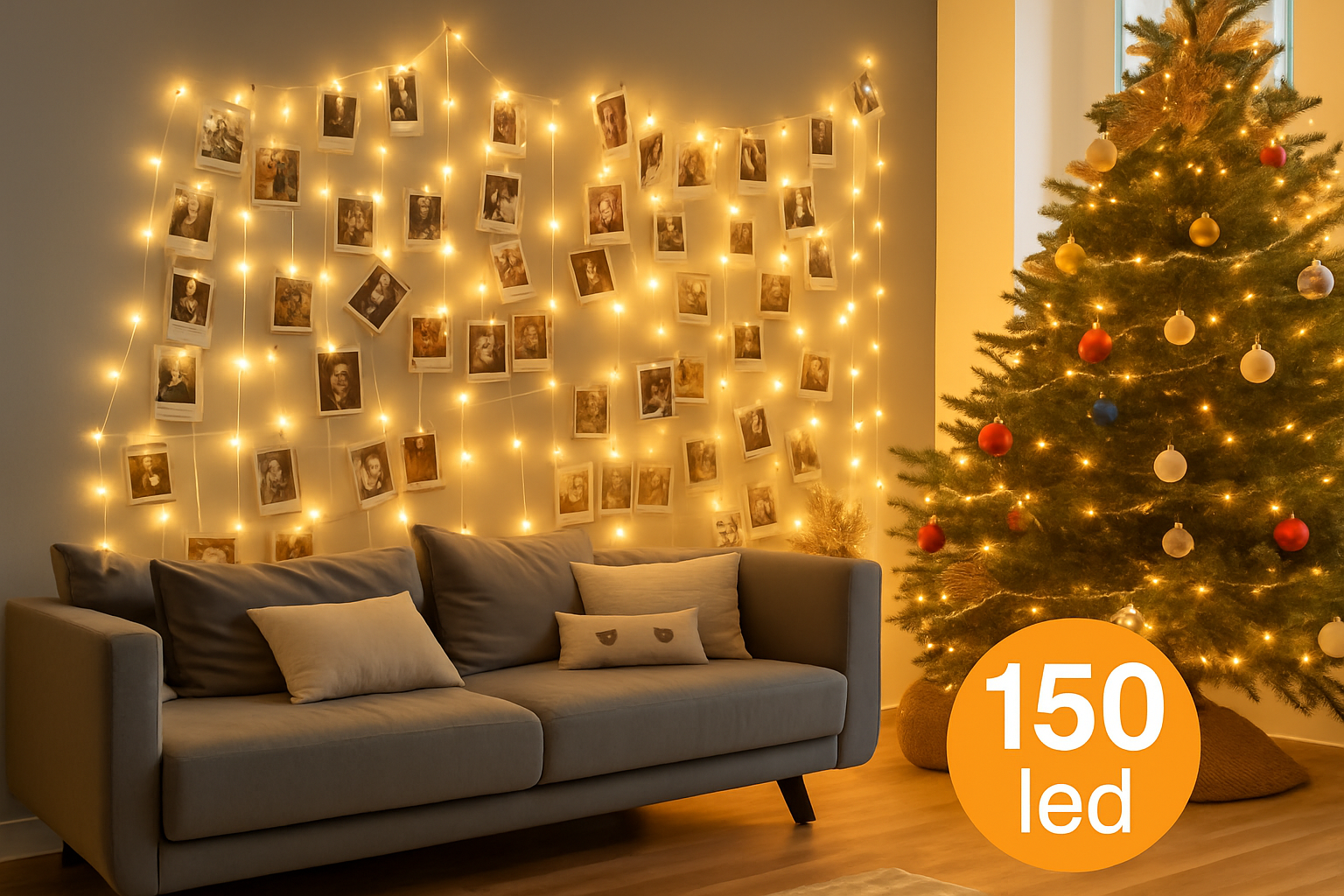 Living room with a decorated Christmas tree and wall with photo collage and string lights.