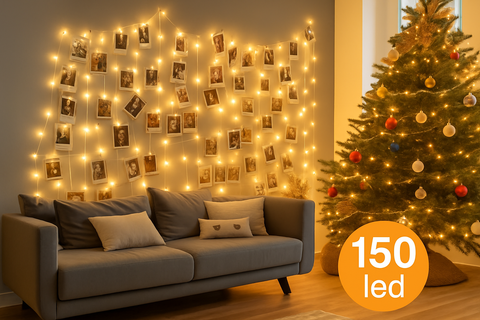 Living room with a decorated Christmas tree and wall with photo collage and string lights.