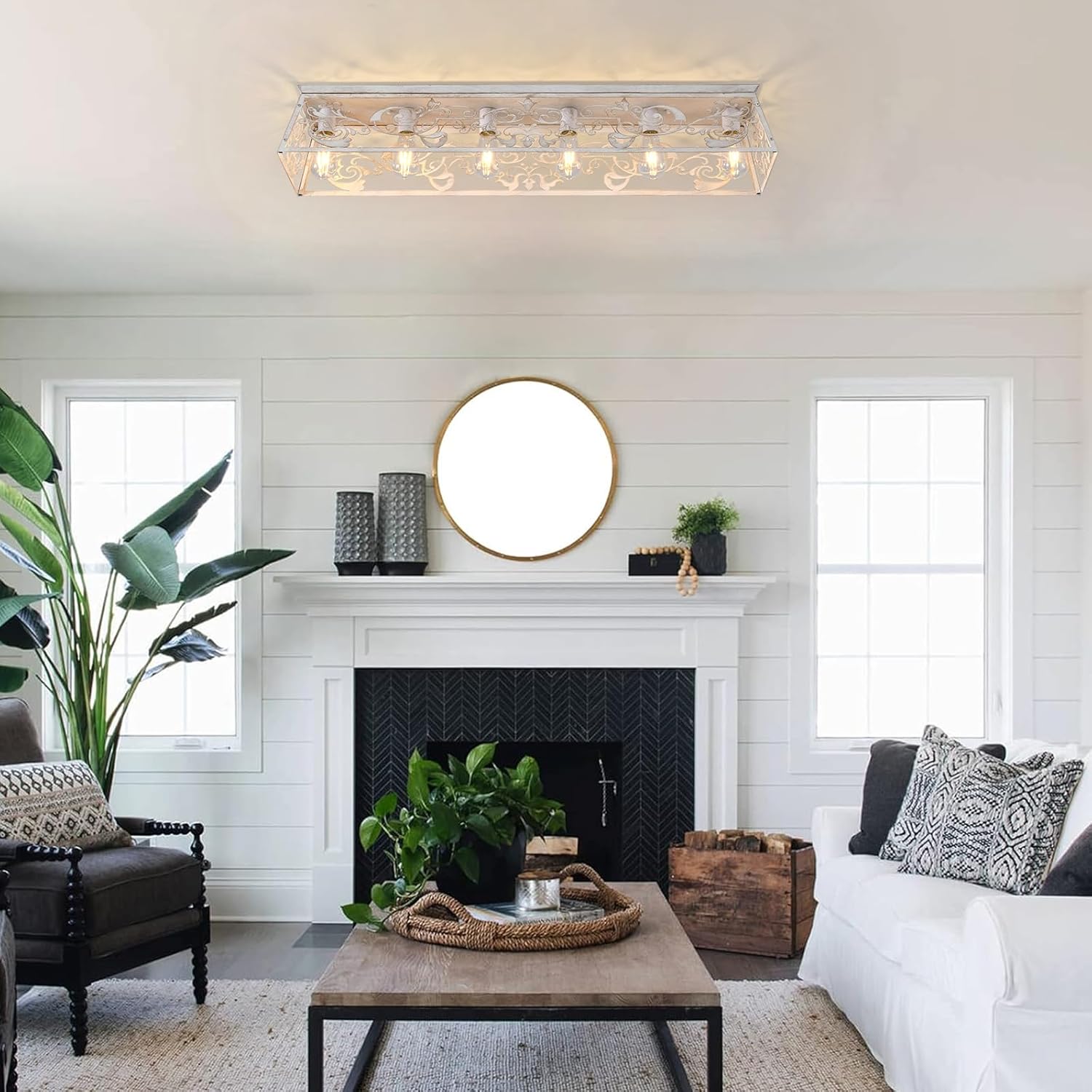 Living room with a fireplace, plants, and modern decor