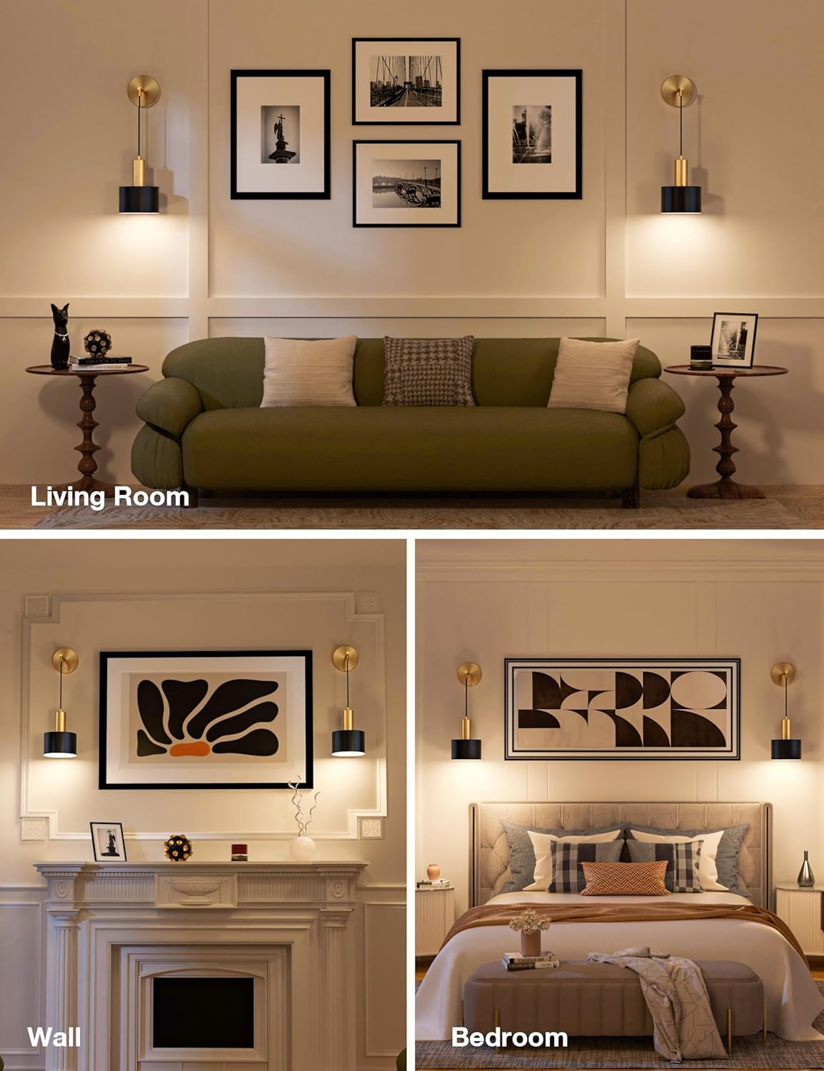 Living room with a green sofa, wall art, and side tables. Bedroom with a bed and wall art.