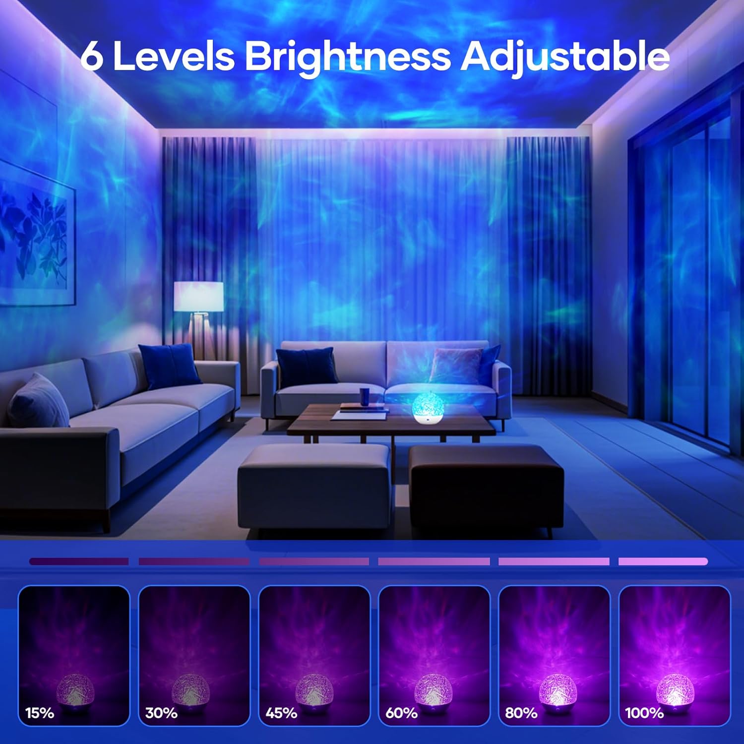 Living room with blue light projector casting a relaxing glow, 6 levels of brightness displayed below.