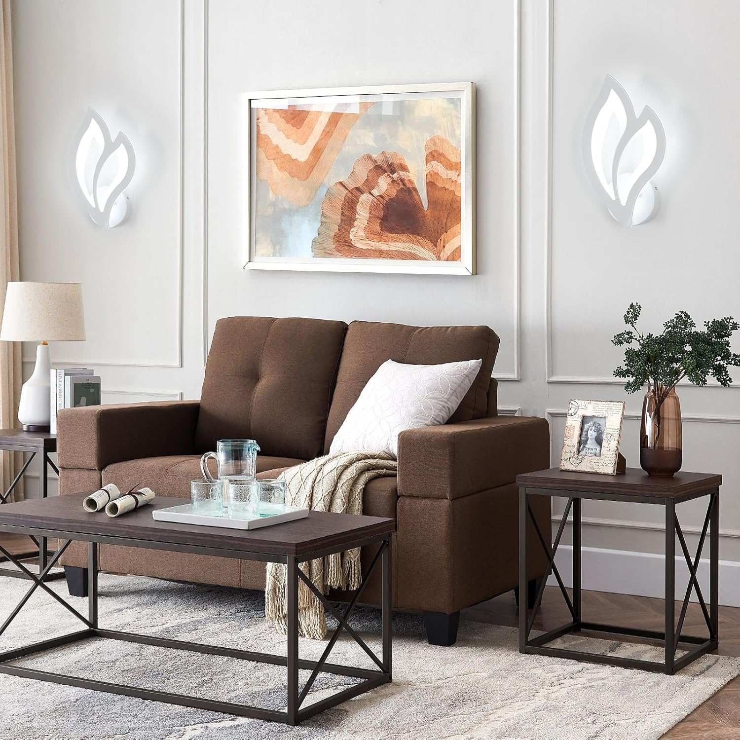 Living room with brown sofa, coffee table, and side table.