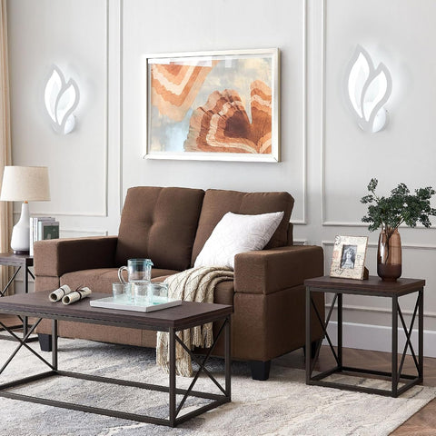 Living room with brown sofa, coffee table, and side table.