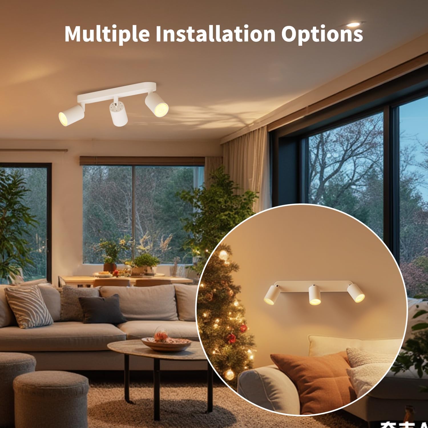 Living room with ceiling-mounted light fixture and Christmas tree, featuring 'Multiple Installation Options' text.