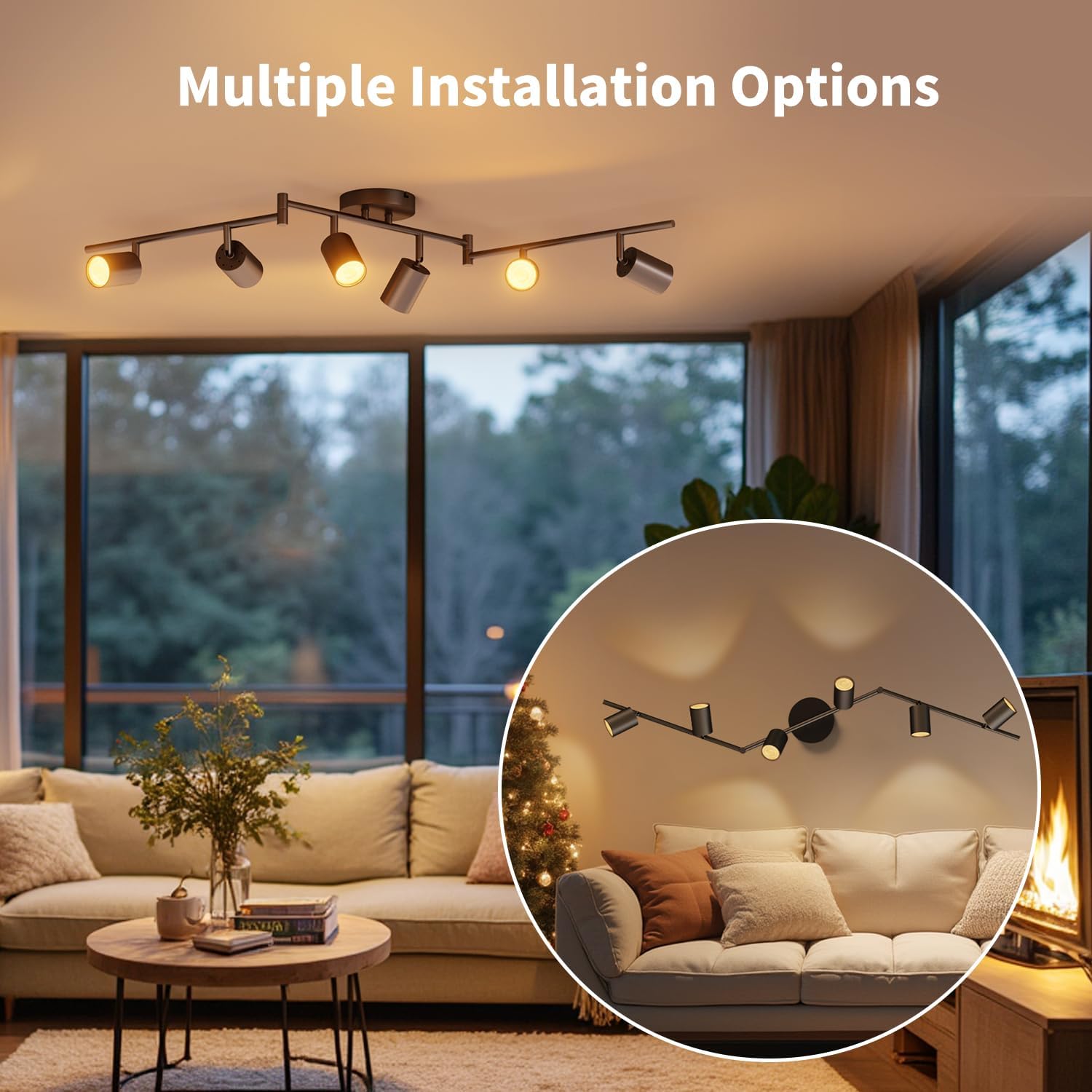 Living room with ceiling and wall-mounted light fixtures, showing multiple installation options.