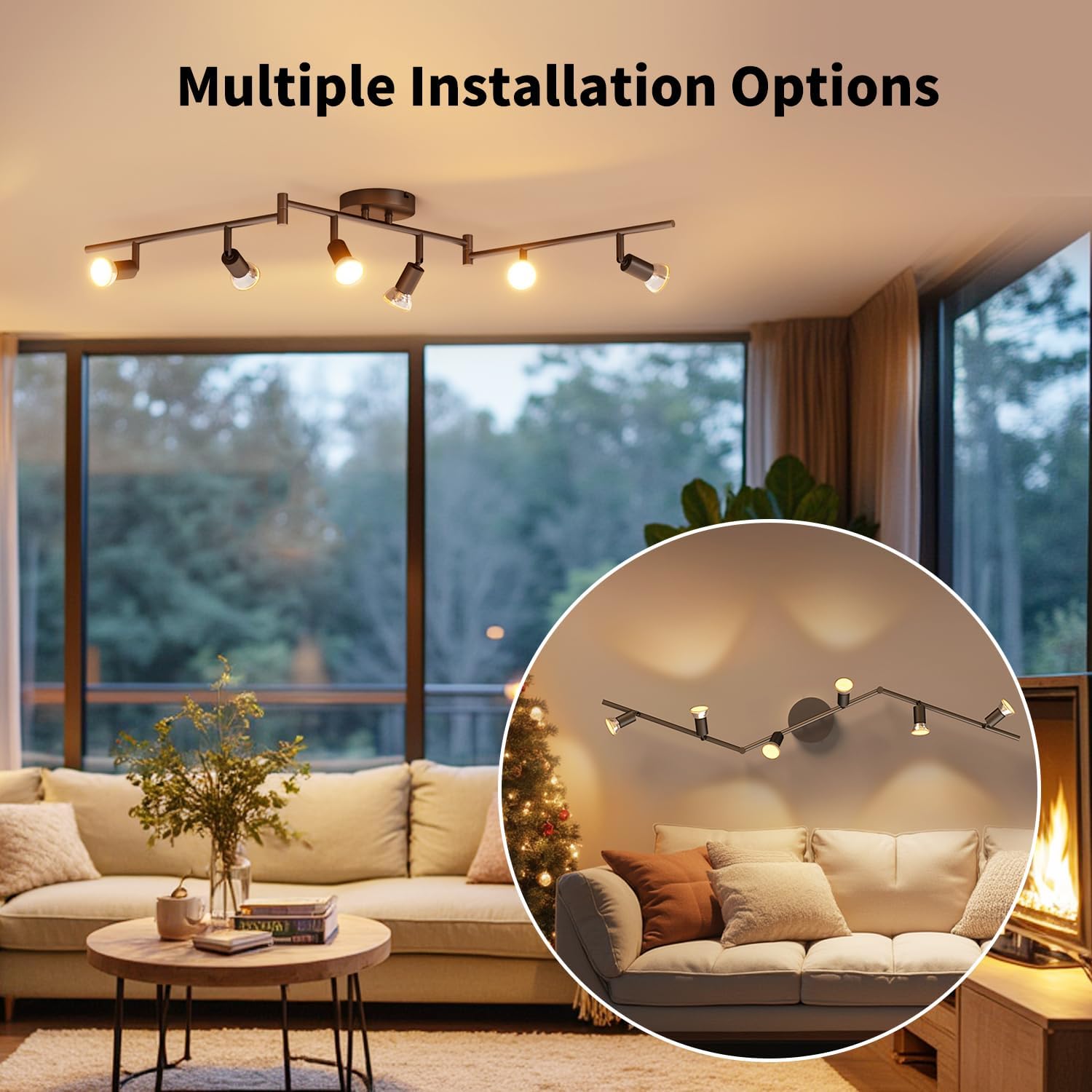 Living room with ceiling and wall-mounted light fixtures, showing multiple installation options.