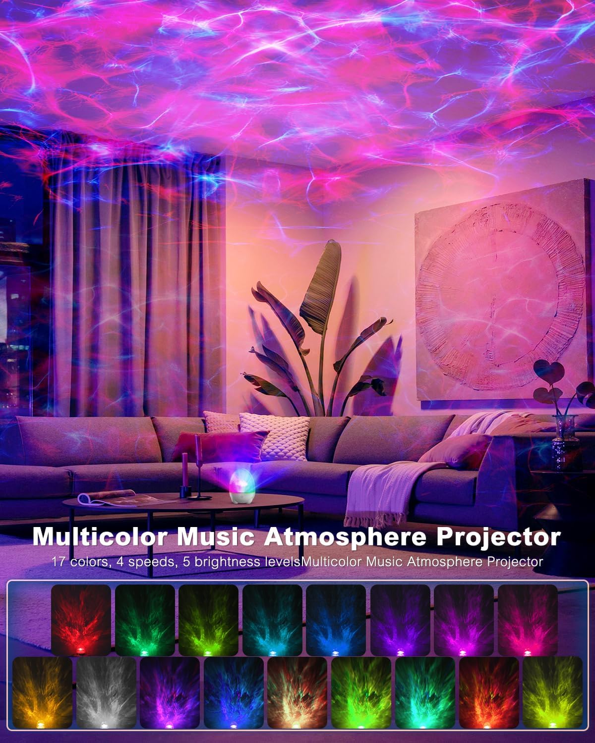 Living room with colorful light projection, featuring a multicolor music atmosphere projector.