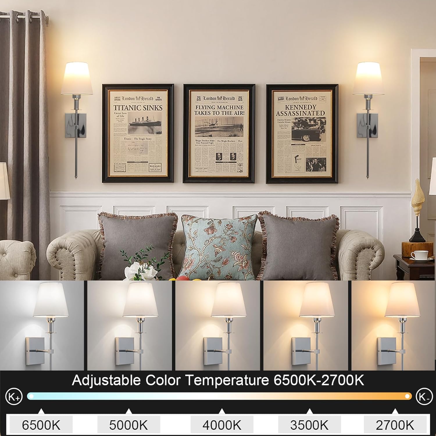 Living room with framed newspaper articles on the wall and adjustable color temperature display.