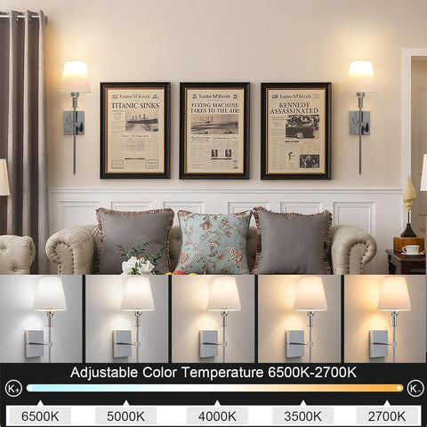 Living room with framed newspaper articles on the wall and adjustable color temperature display.