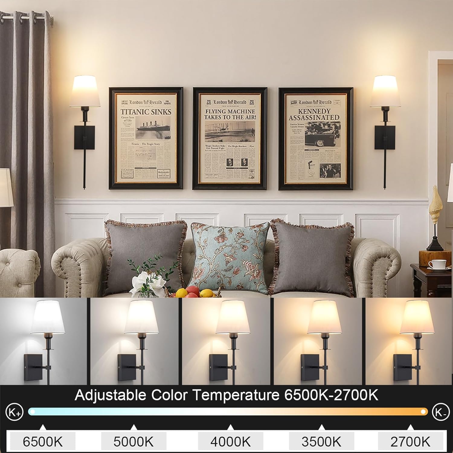 Living room with framed newspaper articles on the wall, sofa with cushions, and adjustable color temperature display.