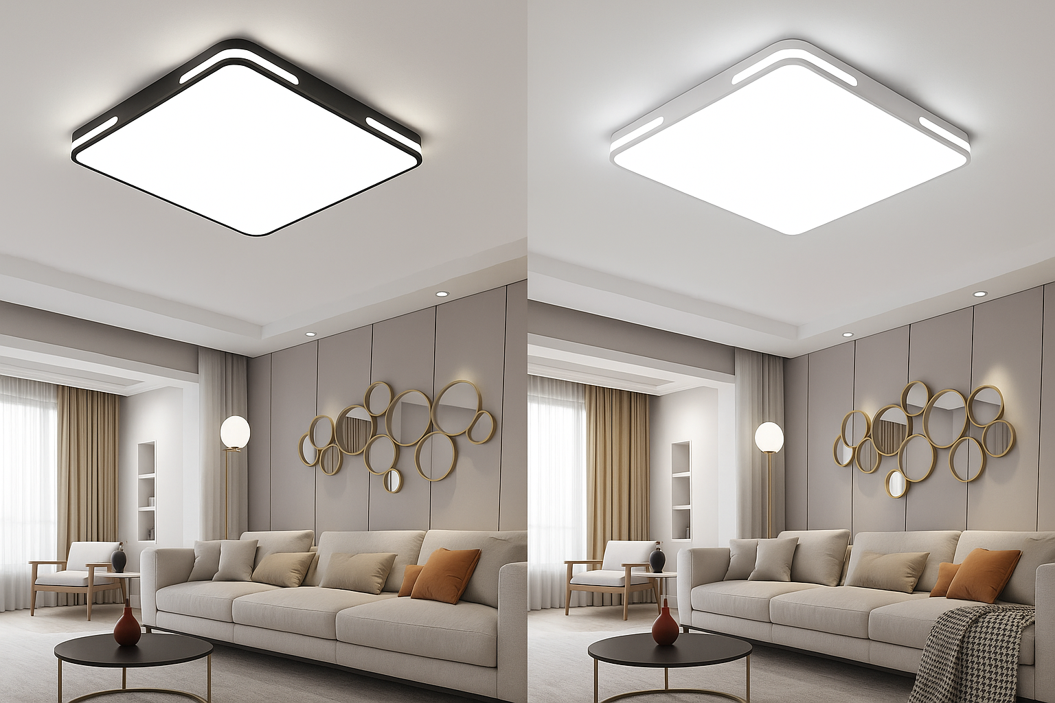 Living room with modern ceiling lights and decor