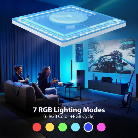Living room with people sitting on a couch, gaming console, and 7 RGB lighting modes displayed.