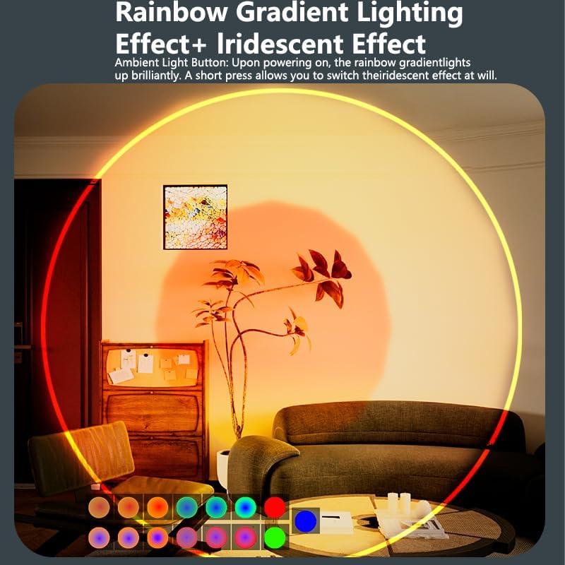 Living room with rainbow gradient lighting effect and iridescent effect, featuring a sofa and coffee table.