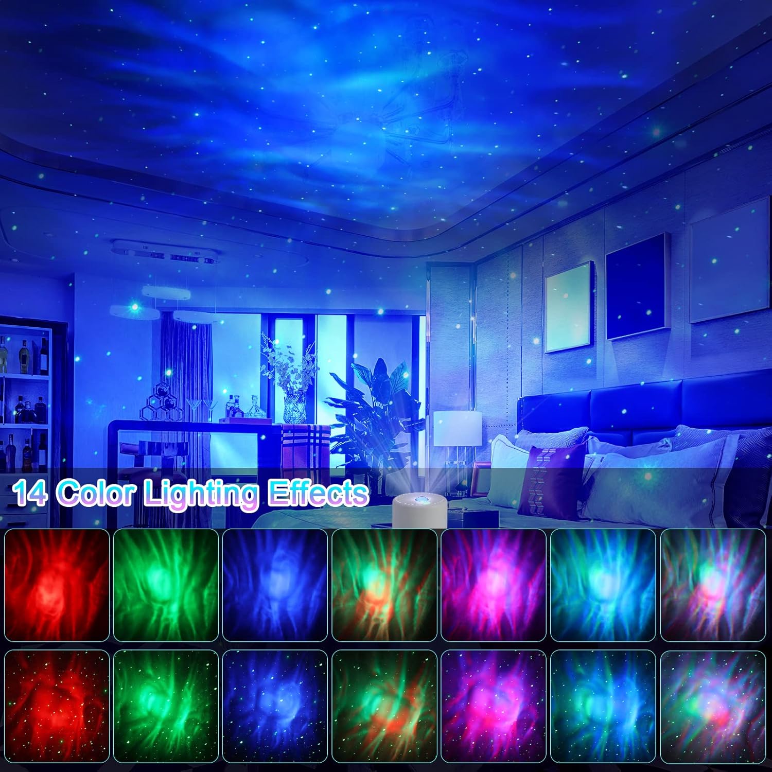 Living room with starry sky ceiling projector and color effect samples.