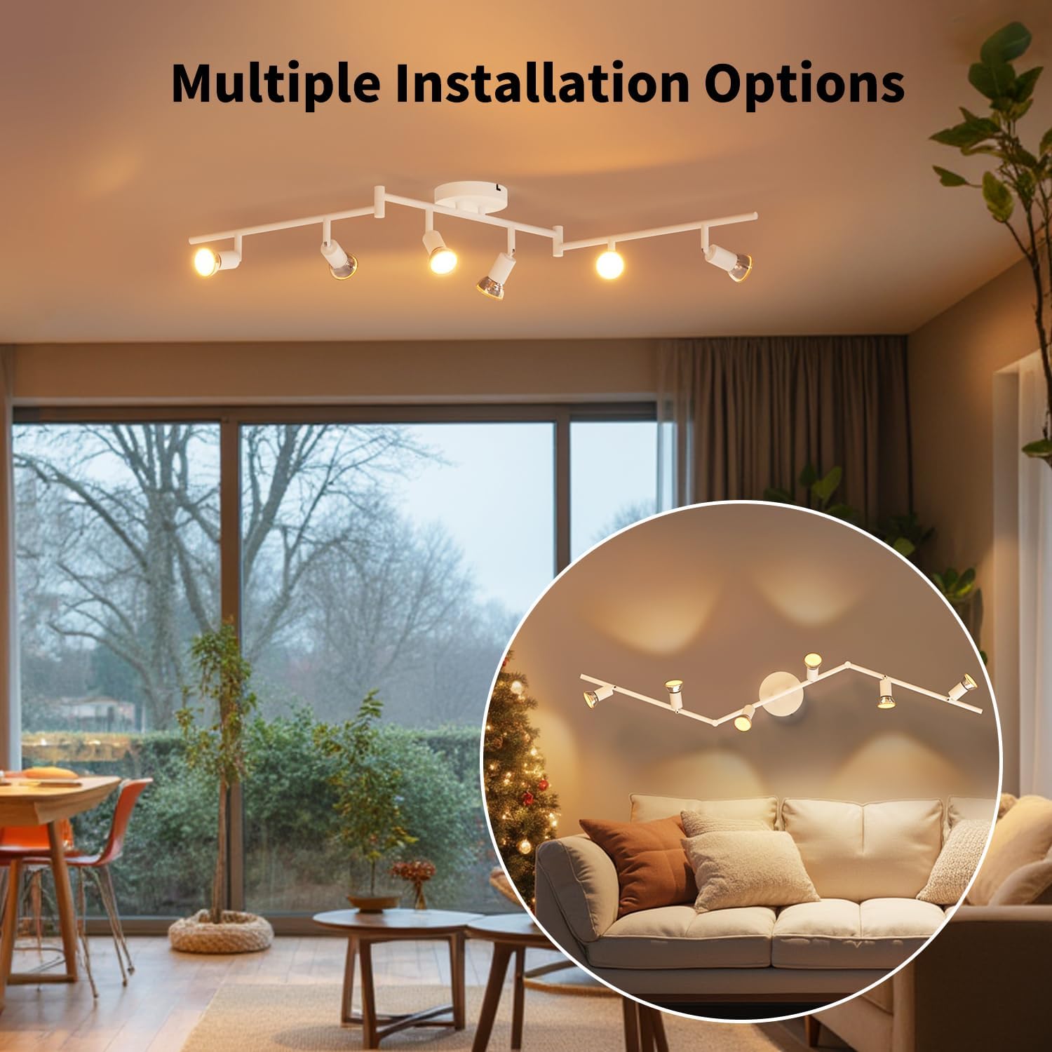 Living room with track lighting system and a close-up of the light fixture.