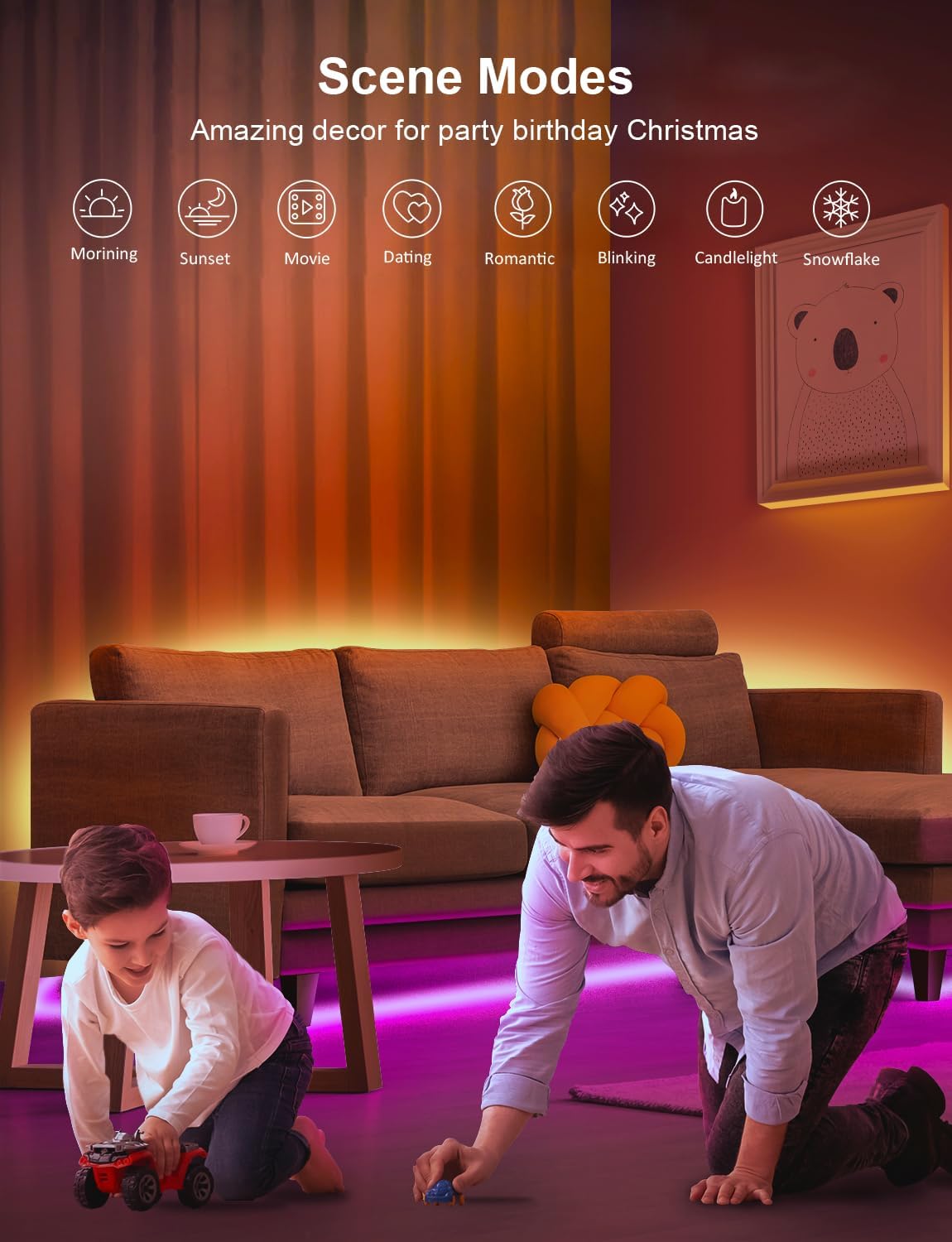Living room with warm lighting effects and people playing, featuring scene modes for decor.