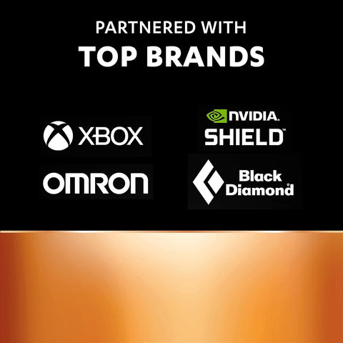 Logos of Xbox, NVIDIA Shield, Omron, and Black Diamond on a black background with 'Partnered with Top Brands' text.