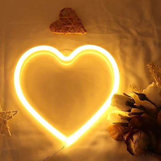 Love Heart Neon Sign – LED Warm Yellow Heart Lamp, USB Powered Neon Night Light for Bedroom, Wall Decor, Wedding & Party Gifts