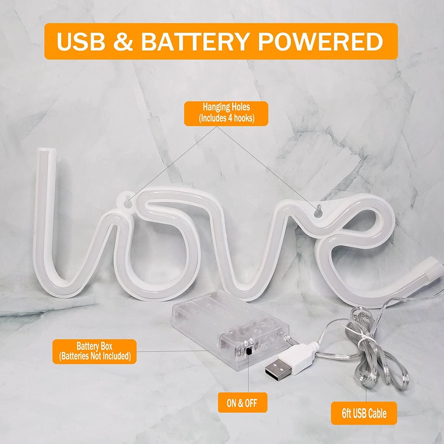 Love Neon Sign - LED Wall Light, USB/Battery Powered Neon Letters for Bedroom, Bar, Wedding, Party Décor (13.3x5.1 in)