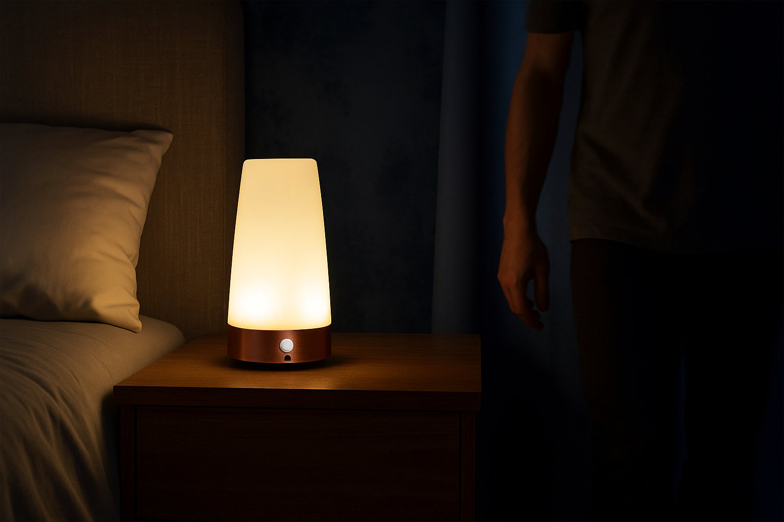 Luminescent lamp on a bedside table in a dimly lit room