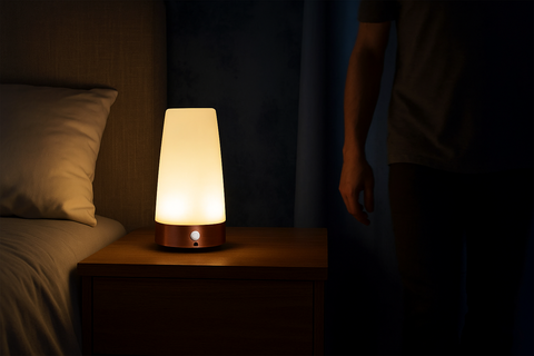 Luminescent lamp on a bedside table in a dimly lit room