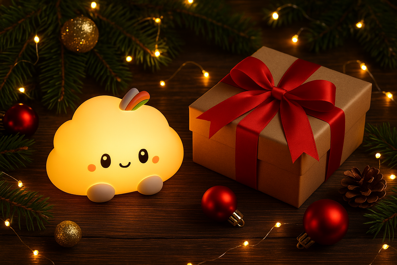 Luminous cloud-shaped night light next to a wrapped gift with a red bow, surrounded by Christmas decorations on a wooden surface.