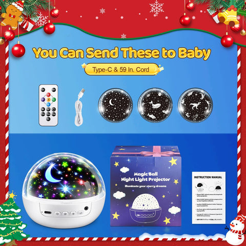 Magic ball night light projector with packaging, remote control, and instruction manual on a festive background.