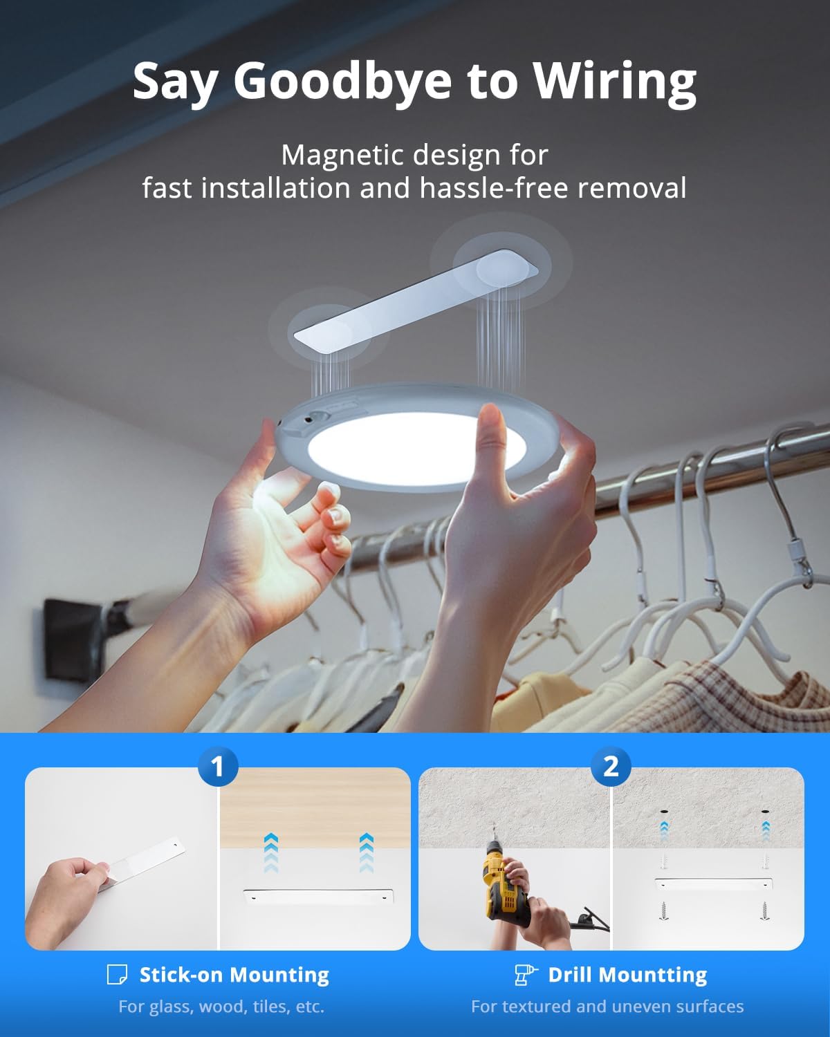 Magnetic light fixture with hands installing it, text about magnetic design, and installation methods.