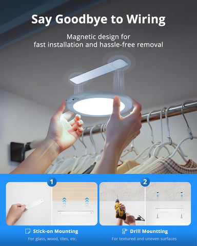 Magnetic light fixture with hands installing it, text about magnetic design, and installation methods.