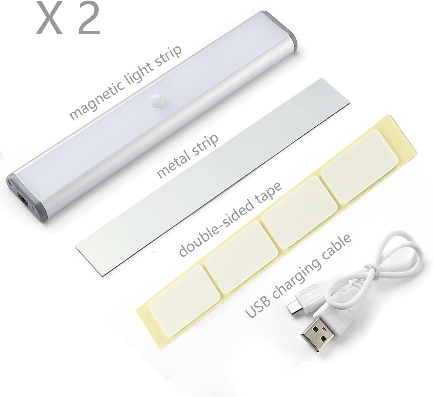 Magnetic light strip with metal strip, double-sided tape, and USB charging cable on a white background