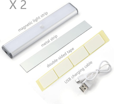 Magnetic light strip with metal strip, double-sided tape, and USB charging cable on a white background