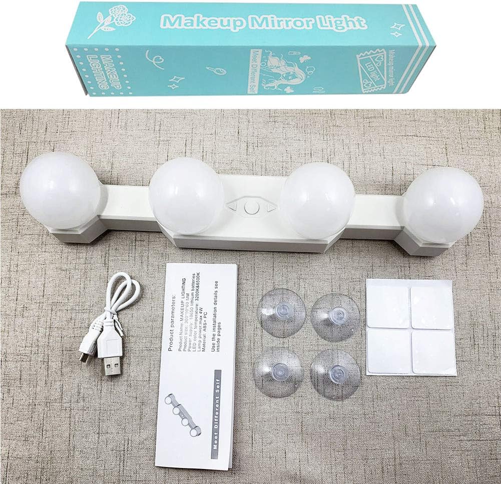Makeup mirror light with packaging, USB cable, and suction cups on a textured surface