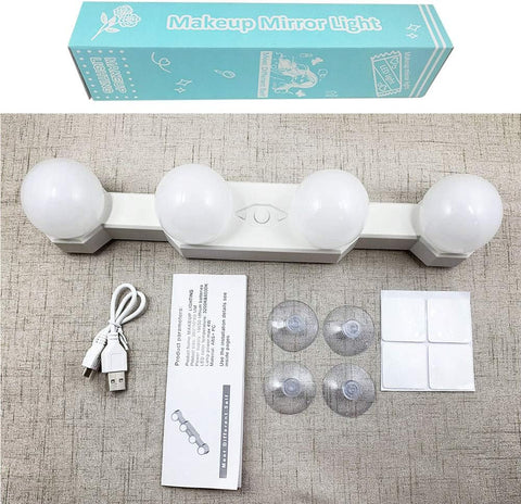 Makeup mirror light with packaging, USB cable, and suction cups on a textured surface