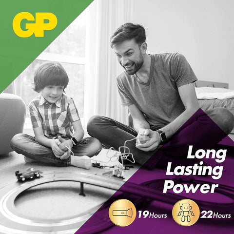 Man and child playing with toy cars on a floor, with GP brand logo and 'Long Lasting Power' text overlay.
