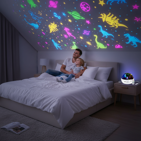 Man and child sitting on a bed under a colorful star and dinosaur ceiling projection.