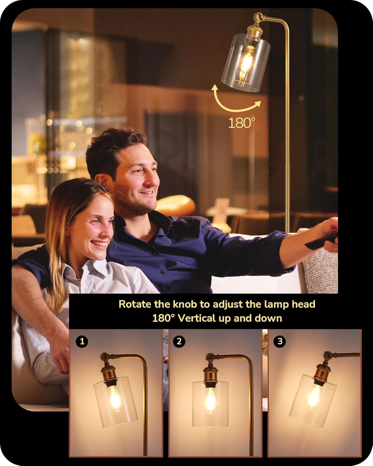 Man and woman interacting with a floor lamp in a room setting, with instructions on adjusting the lamp head.