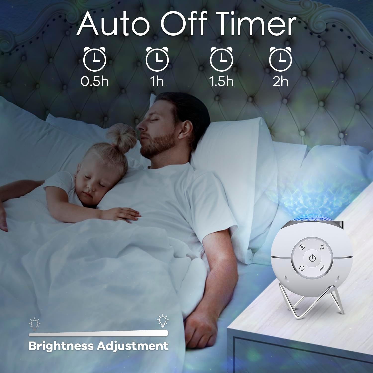Man and woman lying in bed with a night light and auto-off timer feature displayed.