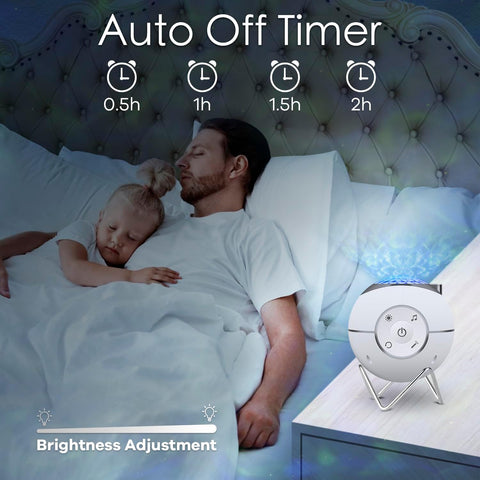 Man and woman lying in bed with a night light and auto-off timer feature displayed.