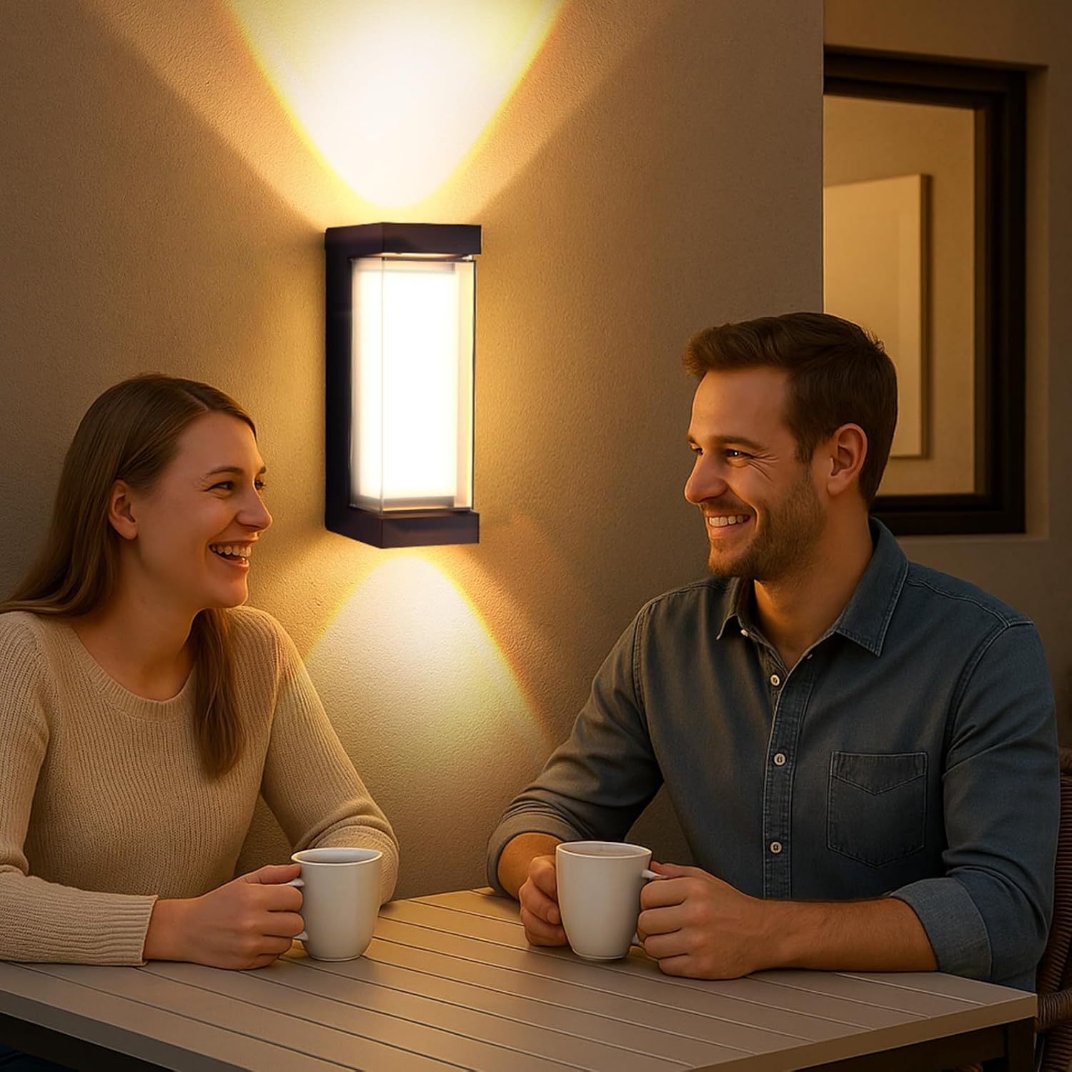 Man and woman sitting at a table with coffee cups, smiling and enjoying each other's company in a warm-lit room.