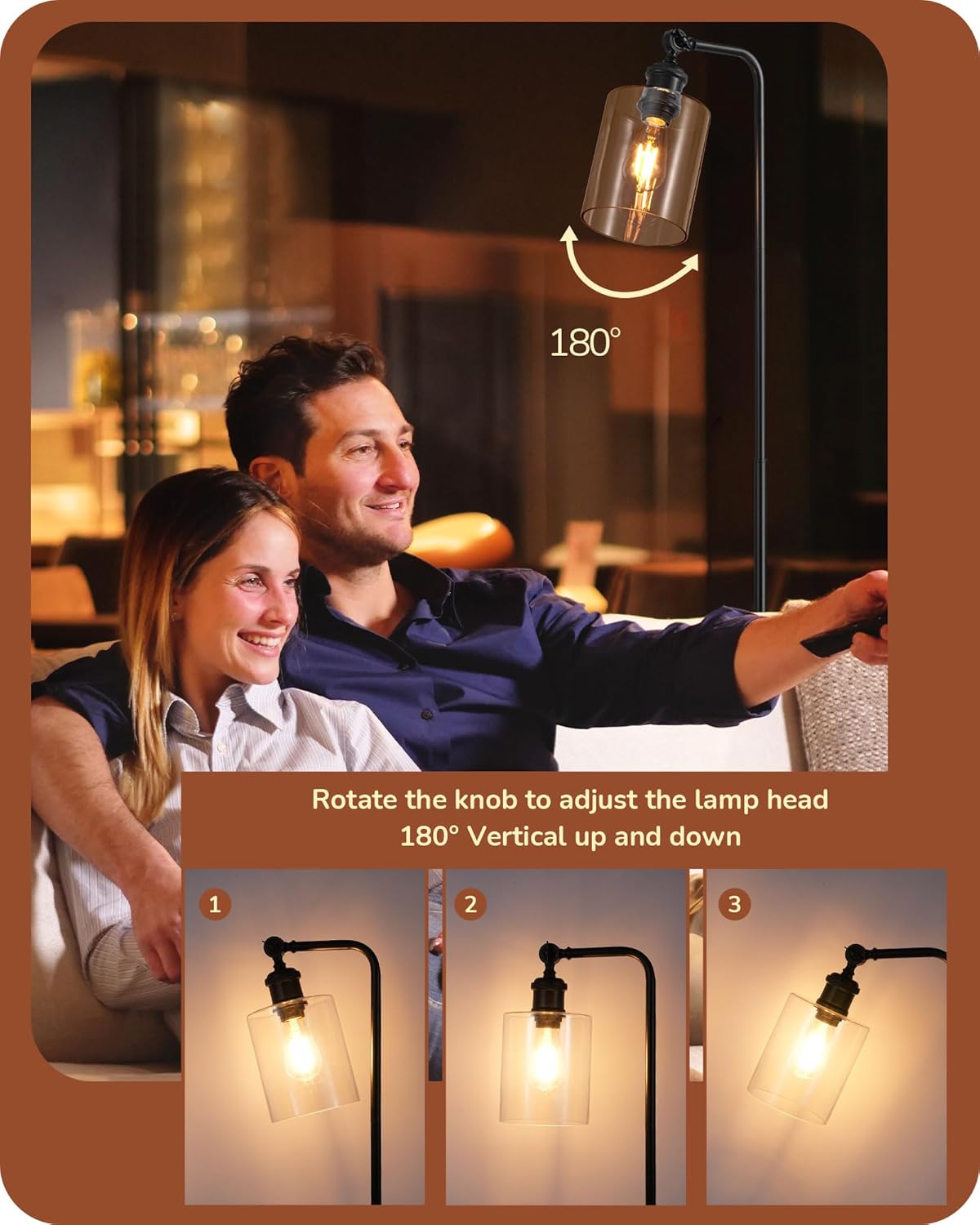 Man and woman sitting together with a floor lamp adjusting its head in a cozy indoor setting.