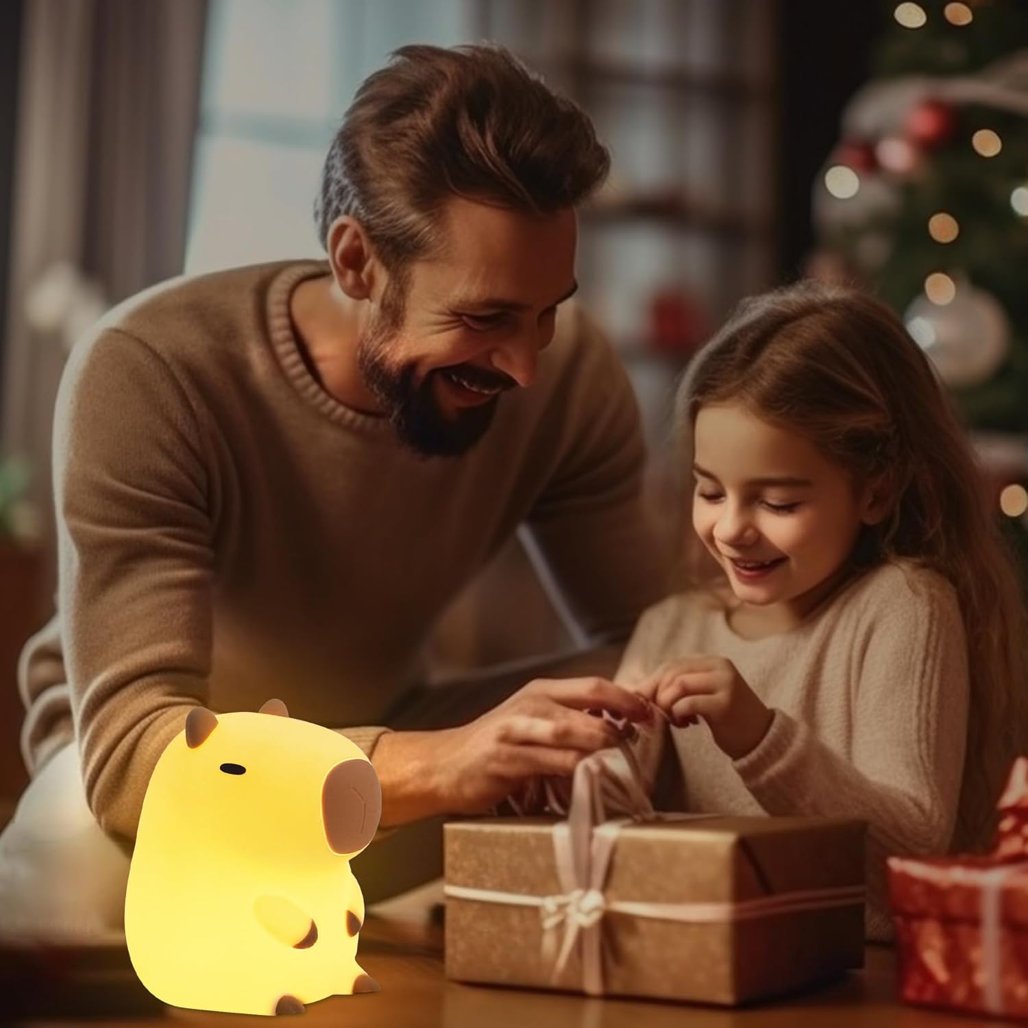 Man and young girl opening a gift together with a glowing yellow night light on a table.
