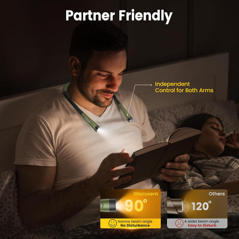 Man reading a book with a light attached, woman sleeping in the background, text 'Partner Friendly' and 'Independent Control for Both Arms'.